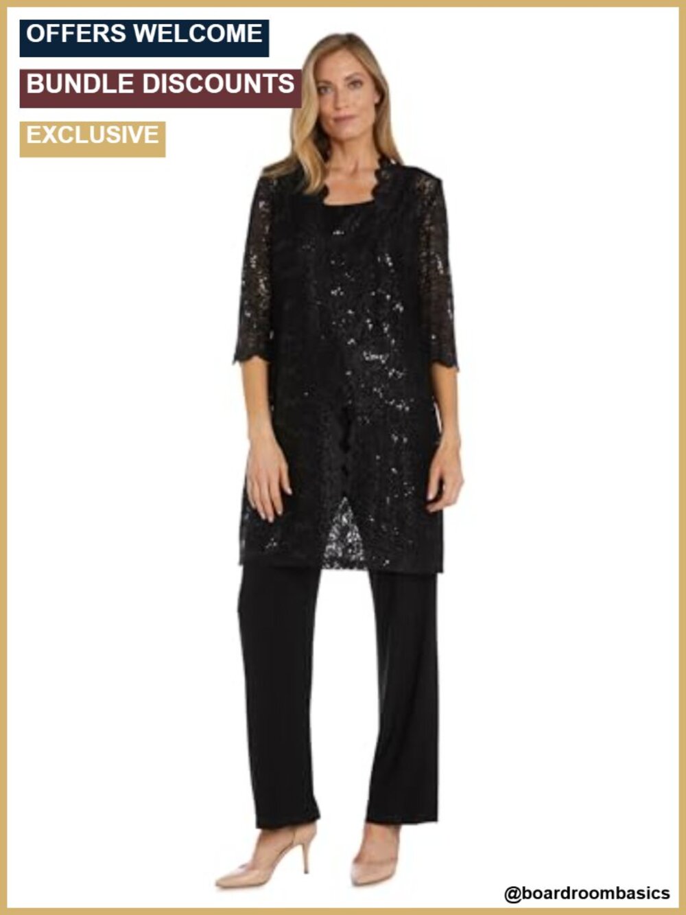 3-Piece Glitter Scallop Lace Duster Pant Set Formal ITY Knit Tank Suit